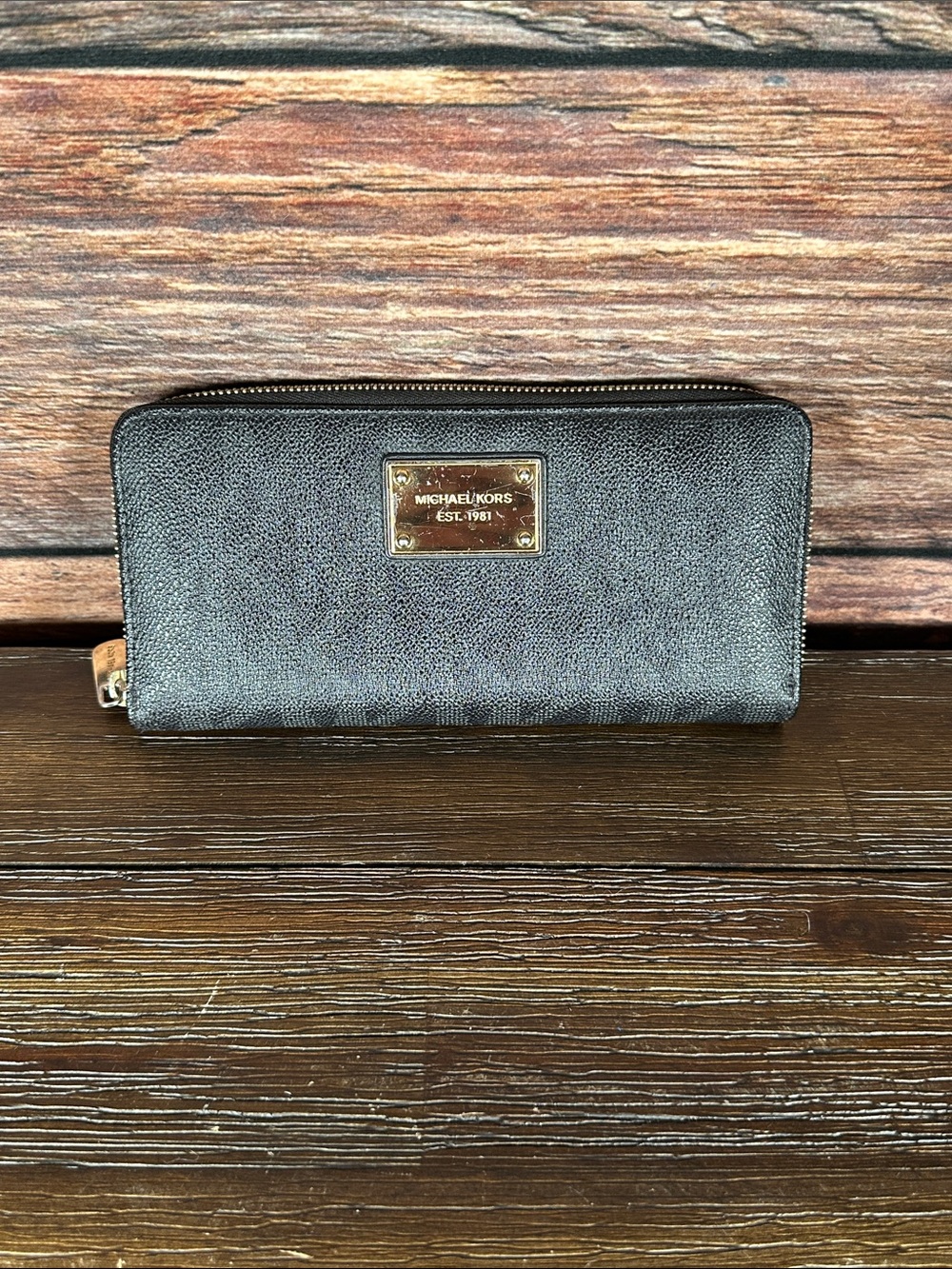 Michael Kors Black Logo Zip-Around Wallet with Gold Plate
